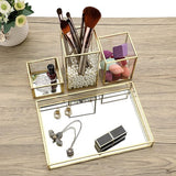 Sieradendoos, 4 stuks, van metaal, glas, scuktborden met 3 sieradenhouders, sieradenhouder, bureau-organizer, make-upkwastenhouder voor sieraden van dames, ring, sieraden bewaren (rechthoekig)