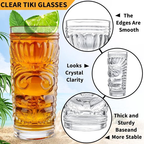 set van 8, kristalheldere cocktailglazen, 14 oz Tiki-kopjes tropisch orkaanglas geschikt voor feesten en bars, barbenodigdheden drinkware cadeauset