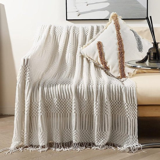 Gebreide deken met kwast, effen, bubbelpatroon, knuffeldeken, gebreide deken, sprei, bankdeken, decoratieve deken voor bank, bed, 170 x 130 cm