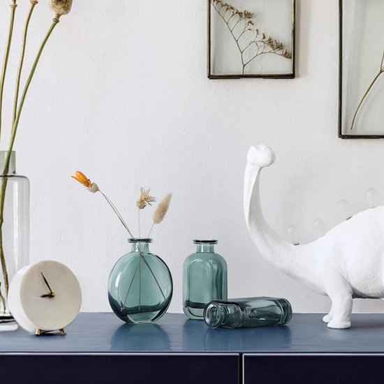 Blauw-groene set van 3 kleine glazen vazen - kleurrijke bloemenvaas voor op het bureau - decoratieve knoopvaas voor thuis, kantoor, tafeldecoratie.