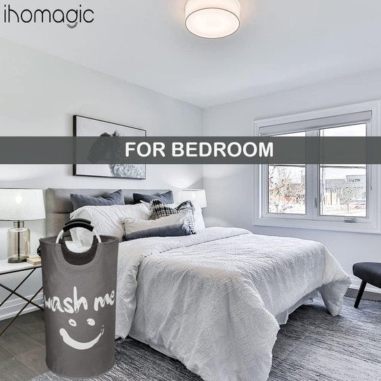 Laundry Hamper with Handles, 91L Freestanding Laundry Container, Foldable, Laundry Bag with Smiley Pattern for Dirty Laundry, Laundry Sorter Storage Basket for Sleeping Room (Dark Grey)