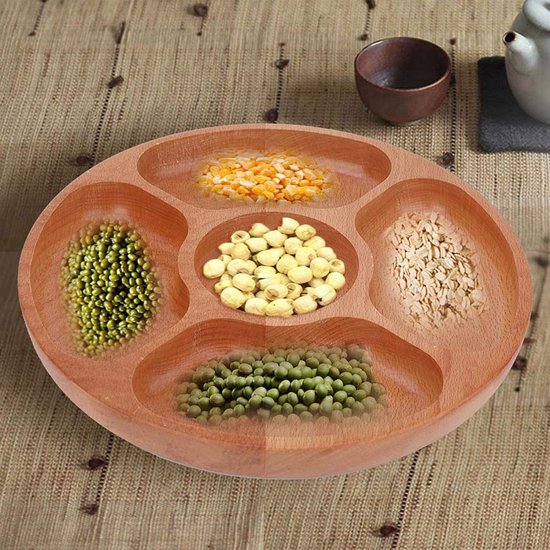 Houten aanbevolen bord, 5-voudig dienblad, portiecontrole, kinderbord, stapelbare houten onderroosterschaal, bord voor gedroogd fruit, snacks en fruit (30 cm)