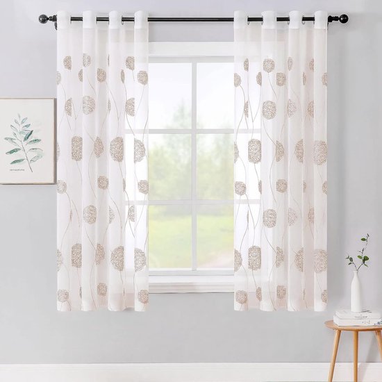 Pure voile bloemenborduurgordijnen met oogjes, transparant gordijn, 2 stuks, ooggordijn, gaas, paar sjaals, raamgordijn voor woonkamer, slaapkamer, set van 2