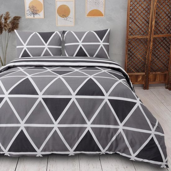 beddengoed 240x220 3-delig grijs - Oeko-TEX 80% katoen & 20% polyester, 1x dekbedovertrek met ritssluiting + 2x kussensloop 50x80 met envelopsluiting, streepmodel