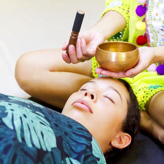 UNIDEAL Tibetaanse klankschaalset, Singing Bowl uit Tibet met klepel en klankschaalkussen, wordt geleverd met 2 belofte koperen ornamenten, handgemaakt in Nepal, voor yoga meditatie, ontspanning