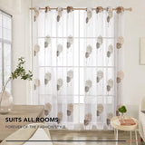 Gordijnen vitrage linnenlook transparant decoratieve sjaal gordijnen met bladeren met oogjes, 175 x 140 cm (hoogte x breedte), linnen + bruin, set van 2