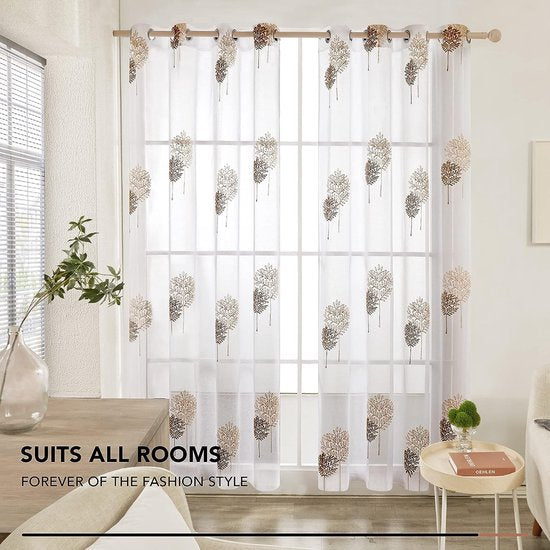 Gordijnen vitrage linnenlook transparant decoratieve sjaal gordijnen met bladeren met oogjes, 175 x 140 cm (hoogte x breedte), linnen + bruin, set van 2