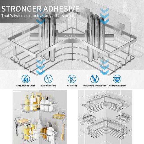 Douche- en badrekje, 2 grotere doucheplanken, 2 zeepschaalhouders en 8 haken aan de rand