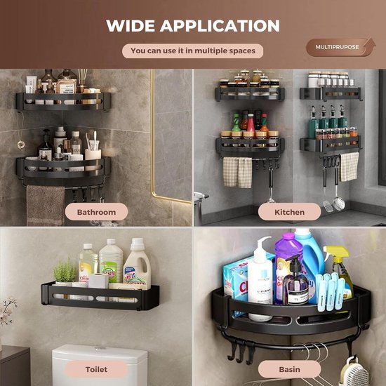 Badkamerplank zwart douchemandje en keukenopberger zonder boormachine. Roestbestendige aluminium badkamerwagen voor wandmontage met 6 haken