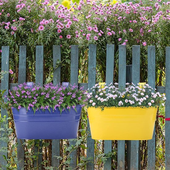 4 x metalen hangende bloempotten, 27,5 cm bloempotten, plantenpotten, hangende bloemenemmer, plantenbak om op te hangen met verwijderbare haak voor balkon, hek, tuin (4 kleuren)