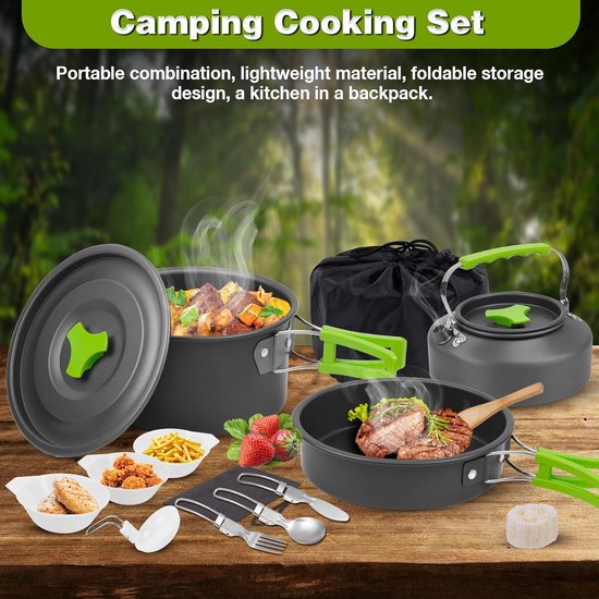 Camping kookgerei, 14-delig, aluminium campingservies, campingservies, outdoor, koken, opvouwbare kookpannenset, 1,1 l, theeketel, campingpot, outdoor, bestek, 2-3 personen