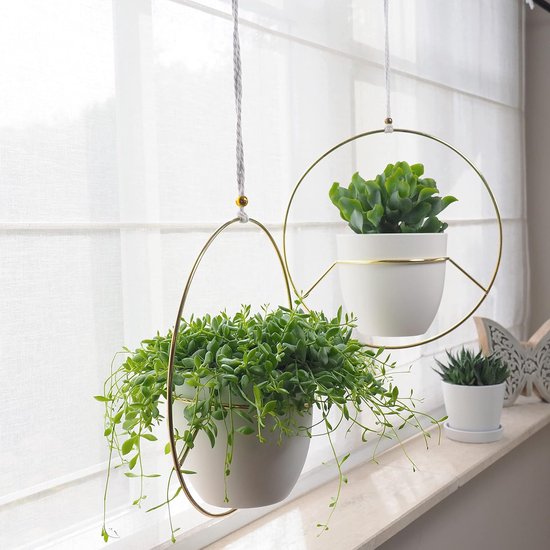 Hangende bloempot van metaal, 2 stuks, gouden hangbloempotten, eenvoudig op te hangen, hangpot voor planten, binnen, hangende bloempot