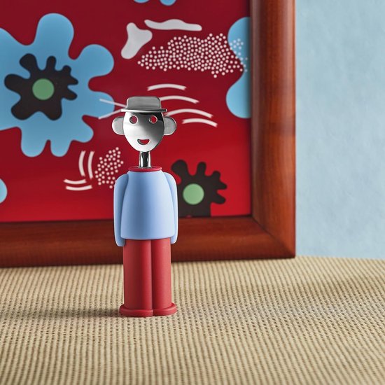 Kurkentrekker gemaakt van thermoplastische hars, lichtblauw en rood en verchroomd zamak