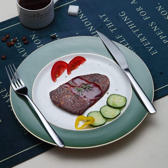 Bestekset, 12-delig, premium roestvrij staal, 6 tafelvorken en 6 tafelmessenset, steakmessen, steakvorken voor 6 personen, hoogglans gepolijst, vaatwasmachinebestendig (glanzend zilver)