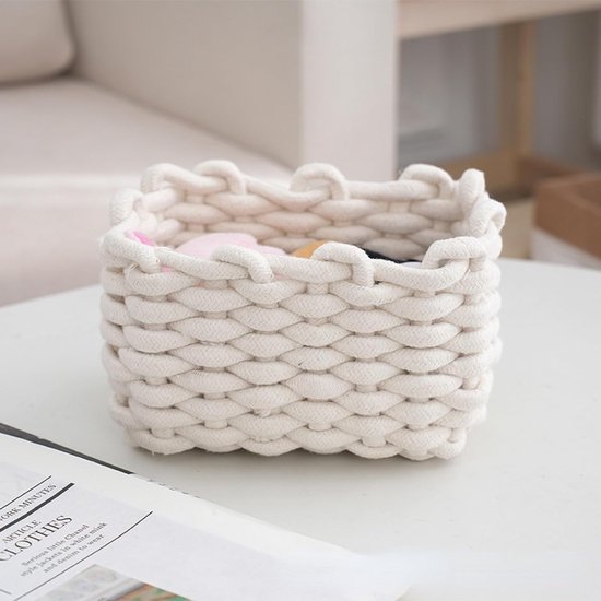 Set van 2 opbergmanden, gevlochten katoenen breimand, kleine manden, commode-organizer, decoratieve vierkante opbergplankmanden voor make-up, sokken, speelgoed (wit)