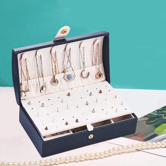 2-laags PU-opbergdoos voor ringen, oorbellen, armbanden, kettingen, reissieraden, organisator, geschenkdoos voor meisjes, vrouwen (blauw)