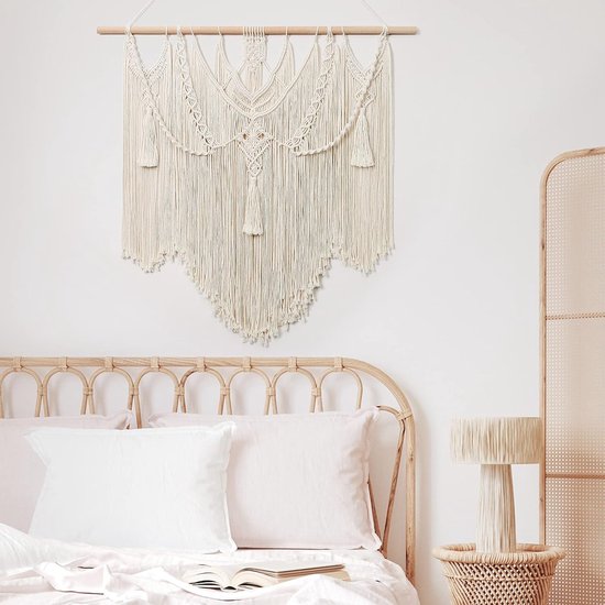 Macramé wandtapijt, boho-decoratie, groot handgeweven tapijt, slaapkamer, wanddecoratie, woonkamer, balkondecoratie, 90 x 90 cm (beige)