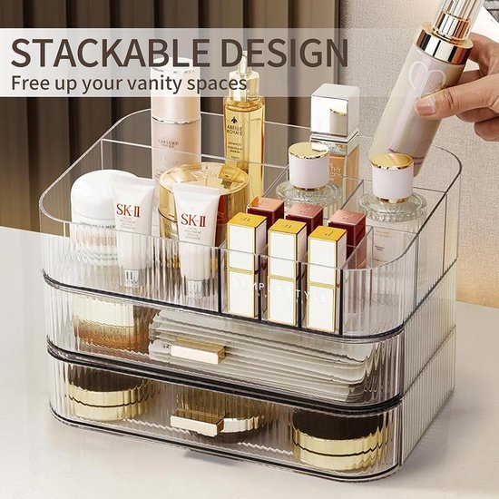 Make-up Organizer met stapelbare laden, ijdelheid badkamer dressoir slaapkamer cosmetische vitrines, grote capaciteit schoonheidsopslag, kaptafel huidverzorging aanrecht organisator-transparant