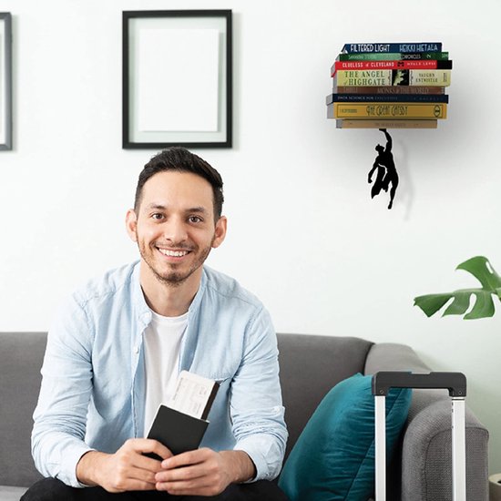 Decoratief zwevende plank, esthetische boekensteun, wandplank, wanddecoratie, boekenstandaard, rek van metaal voor jongens en mannen, wanddecoratie, zwart, boekenrek