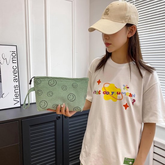 Cosmetische tas corduroy kleine toilettas dames kleine make-uptas met glimlach koord cosmeticatas dames corduroy cosmeticatas reizen cosmeticatas voor reizen meisjes dames, Groen 2