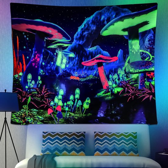 Black Light Mushroom Tapestry Galaxy Space Tapestry UV Reactive Poster Plant Landscape Tapestry Starry Sky Wall Hanging for Bedroom Home Decoration