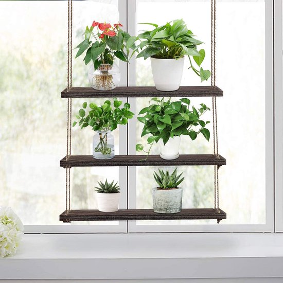 3 stuks houten wandrek met touw, hangrek, zwevende planken, hout, hangrek, wandschommel, opbergrekken, jute touw, organizerrek, bruin hout