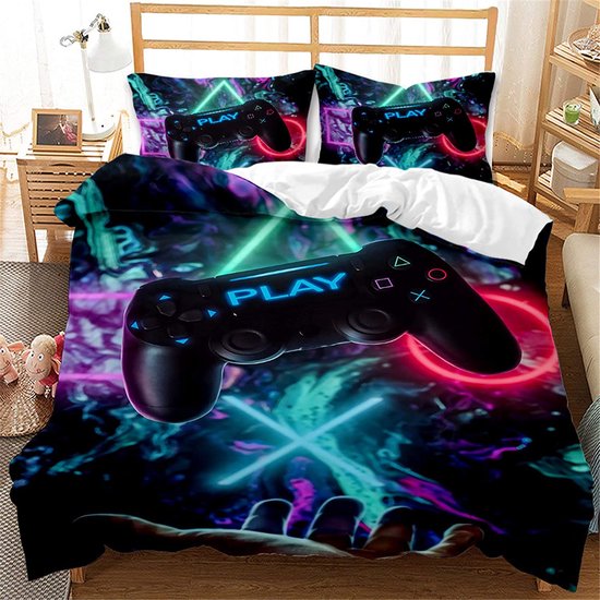 Beddengoedset voor kinderen, gamepad, thema, dekbedovertrek, speelthema, beddengoed, 135 x 200 cm, van zachte microvezel met ritssluiting, videogame actie-buttons motief voor tieners