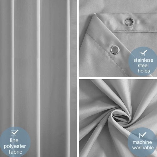 180x180 douchegordijn, schimmelwerend in badkamergordijn voor badkuip, douche, textielgordijnen van stof, waterdicht, wasbaar, met 12 douchegordijnringen, grijs.