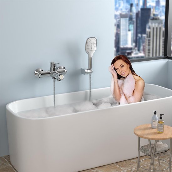 Badkraan met handdouche, kraanbad met drukschakelaar, ééngreepsmengkraan, bad van messing, chroombadkraan met 3 functies, mengkraan, douchemengkraan voor badkamer