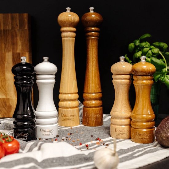 Creative Home Grote Houten Peper en Zoutmolen Wit Zwart| Set van 2 met Mini Houten Lepel | 18 x 5 cm | Beukenhout | Handmatig