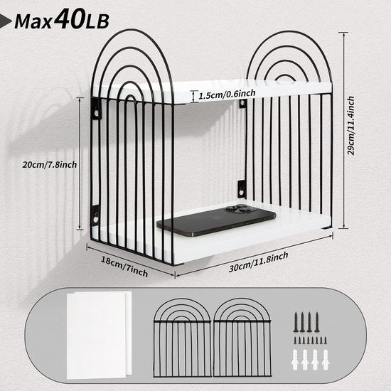 Wandplank, wit, hout, zwart, metaal, nachtkastje, 2 niveaus, zwevende plank, muur, modern, slaapkamer, badkamer, woonkamer, keuken