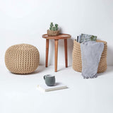 Homescapes Rond gebreide poef 100% katoen - Cremewit - 35x40 cm