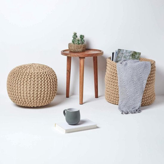 Homescapes Rond gebreide poef 100% katoen - Cremewit - 35x40 cm