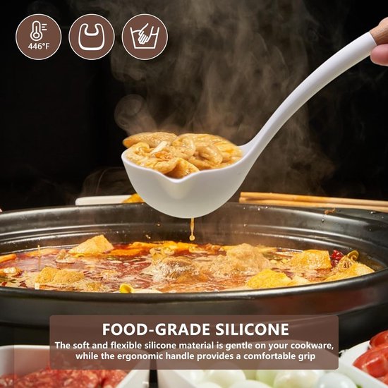 6-delige set kookgerei, van siliconen, hittebestendig, met houten handvat, anti-aanbaklaag, BPA-vrij, kookgerei, vaatwasmachinebestendig, inclusief spatel, lepel, pastamper (wit)