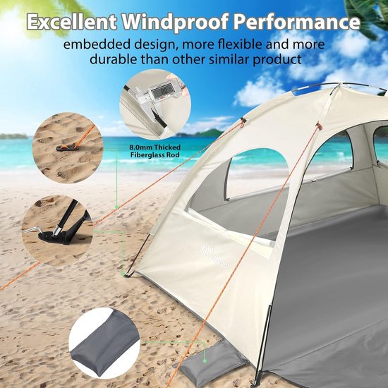 Strandschuilplaats, draagbare strandtent voor 2-4 personen, babystrandschuilplaats met UV-bescherming 50+, strandtent met 3 geventileerde ramen, snelle montage, gemakkelijk mee te nemen paraplu, strandschuilplaats