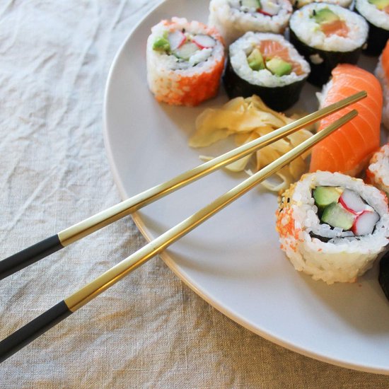 Eetstokjes van hoogwaardig roestvrij staal 18/10 - kleur: zwart-goud - stijlvol design - 5 personen - 10-delig - de chopsticks zijn vaatwasmachinebestendig