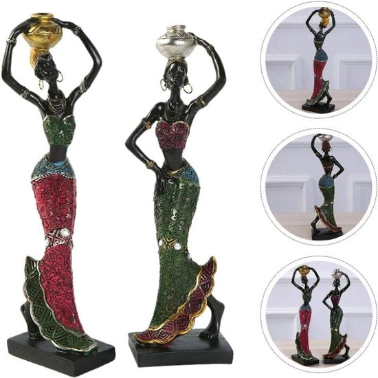 2 stuks Afrikaanse dame sculptuur stammen dame figuur beeldjes hars handwerk verzameling standbeeld vintage desktop ornamenten