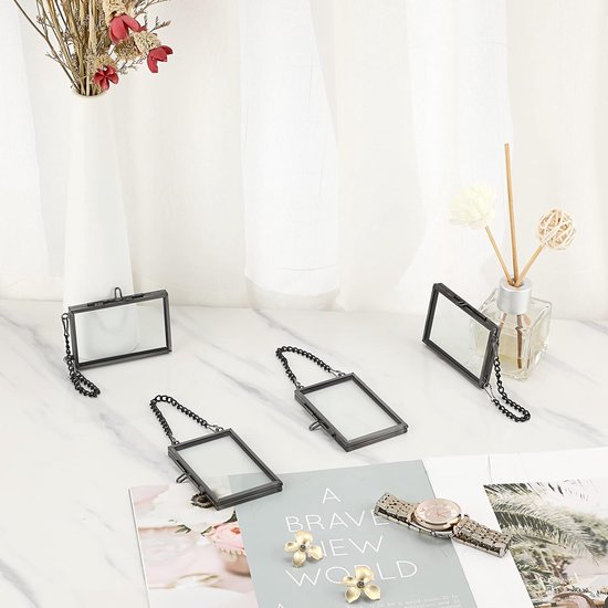 Set van 4 mini-rechthoekige fotolijsten van metaal en glas, hangende glazen fotolijst, geometrisch ornament, plantenmonsterclip, voor geperste bloemenfoto's, zwart