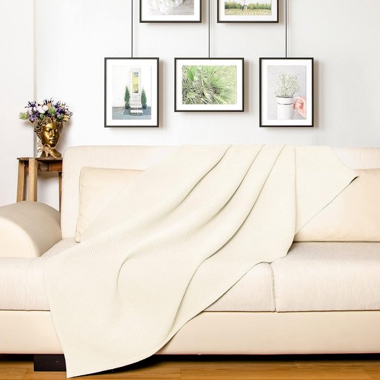 Premium sprei 220 x 240 cm XXL - wafelpiqué 100% katoen - lichte woondeken wafellook - katoenen deken bed-sprei, bankovertrek - bankdeken (crème)