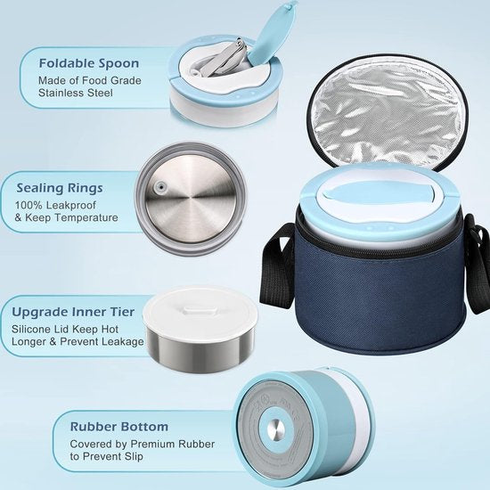 Thermische container voor voedsel 700 ml, roestvrijstalen warmhoudcontainer met lepel, thermische lunchbox, warmhouddoos met brede mond, voedselcontainer, lekvrij voor soepen, pap, babypap, blauw