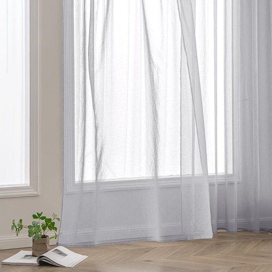 Gordijnen met plooiband, voile, gordijnen voor woonkamer, transparante gordijnen, slaapkamer, moderne vitrage, set van 2, 140 x 245 cm (b x h), grijs