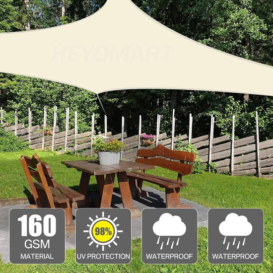 Awning sun protection including mounting ropes, PES polyester, waterproof, 3.6 x 3.6 m, square awning with 98% UV protection for outdoor, patio, garden, patio, camping, cream