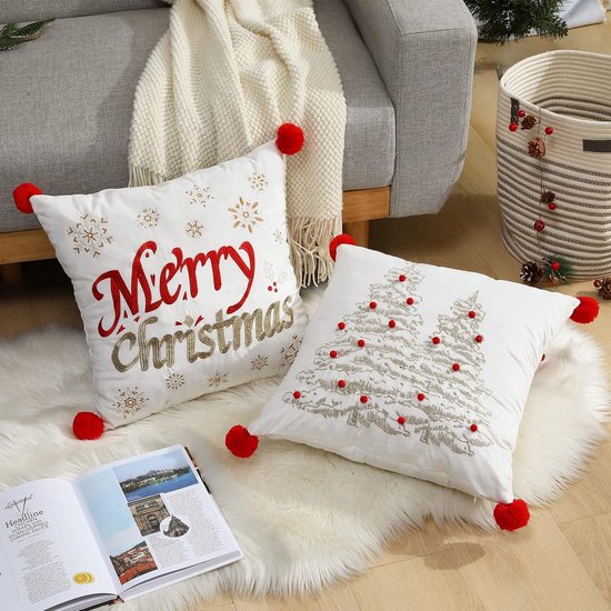 Kerstkussenhoes, 2 stuks fluwelen kussensloop met sneeuwvlokborduurwerk en pompons, vierkante kerst decoratieve kussenhoes voor thuis, auto, kantoor, 45 x 45 cm, wit en rood