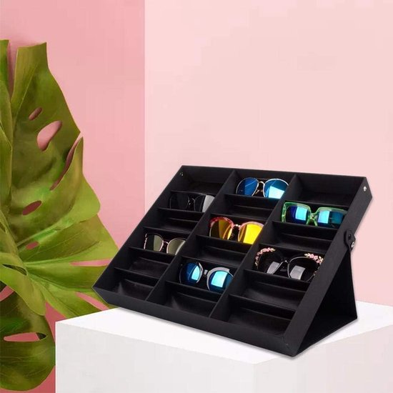 Brillenstandaard voor 18 paar brillenopslag. Glazendisplay (18 paar brillen). Opvouwbare en multifunctionele brillendisplay voor brillen, sieraden, horloges, enz. (zwart/zwart).