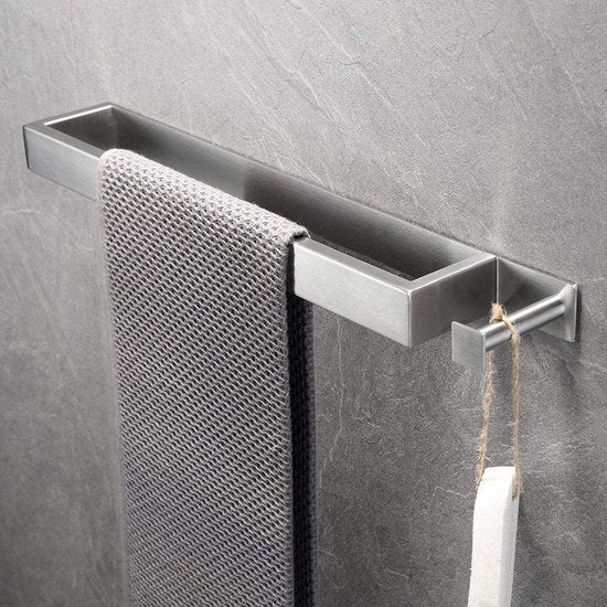 Handdoekhouder zone bore, chroom, zilver, handdoekstang voor badkamer, 304 roestvrij staal, hechtende gastendoekhouder, line, gastendoekjesstang met haak, 40 cm, voor badkamer