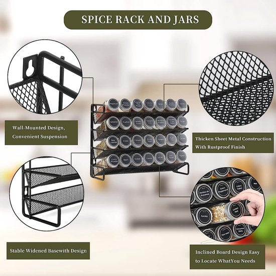 Kruidenrek met 28 kruidenpotjes, 4 lagen, 386 kruidenlabels, krijtstiften en trechterset voor kast, aanrecht, voorraadkast of hangend aan kastdeuren of muren