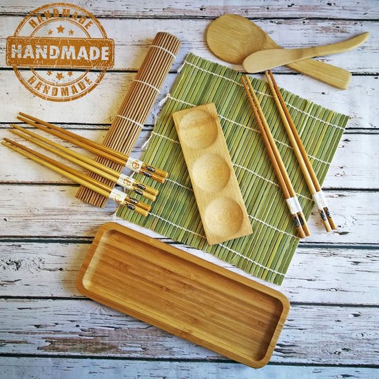 Sushi Maker Kit 11-Piece - Bamboo Sushi Set Rolling Mat and Serving Set for Beginners - 2 Mats, 5 Pairs Chopsticks with Bag, Rice Spoon, Spreader, Serving Plate, Triplet Sauce Bowl with Ebook