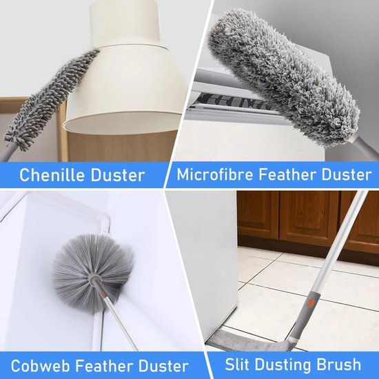 Telescopische wasbare plumeau, microvezelstofdoek met aluminium telescoopsteel 230 cm, microvezelstofdoek hoekbezem voor het reinigen van plafonds, spinnenwebben, kroonluchters, gaten