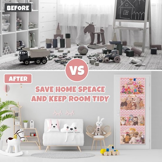 Opslag voor knuffeldieren, boven de deur-organizer voor knuffeldieren, babyaccessoires en vochtige doekjes, ademende hangorganizer met 4 grote vakken voor kinderkamer, slaapkamer, roze