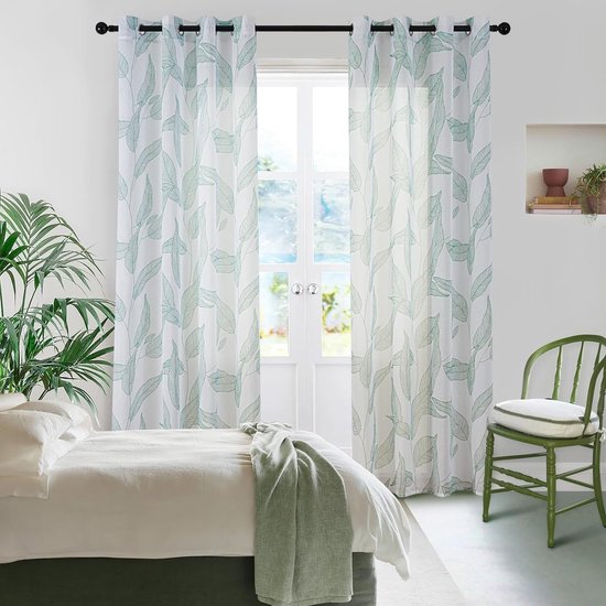 Stores Transparent Curtains with Eyelets Curtains Leaves Curtain Scarf Short Window Curtains Door Curtain Window Curtains for Small Windows Green on White Curtain 160 cm High 140 cm Wide Set